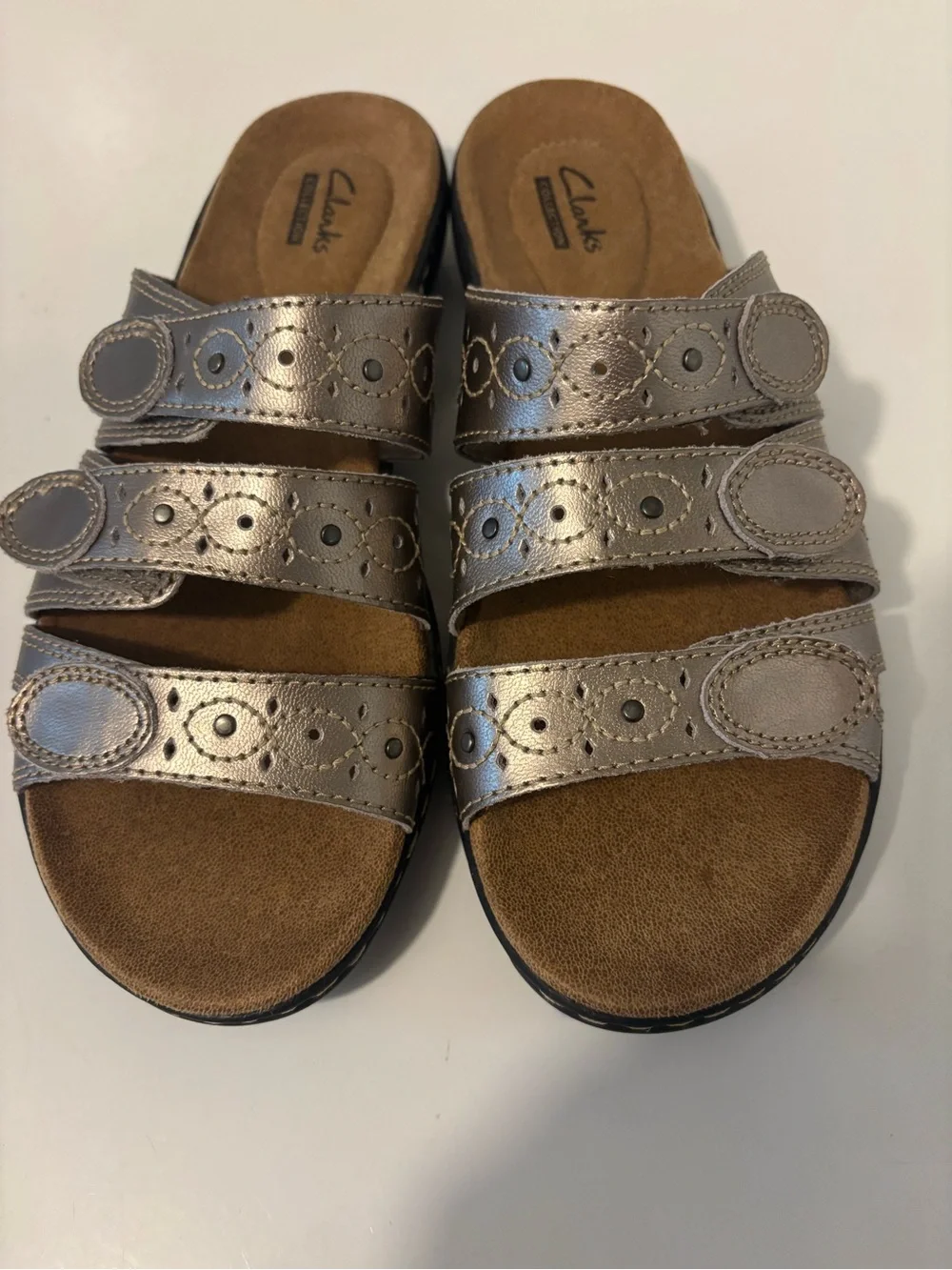Clarks Women's Metallic Pewter Triple-Strap Slide Sandals